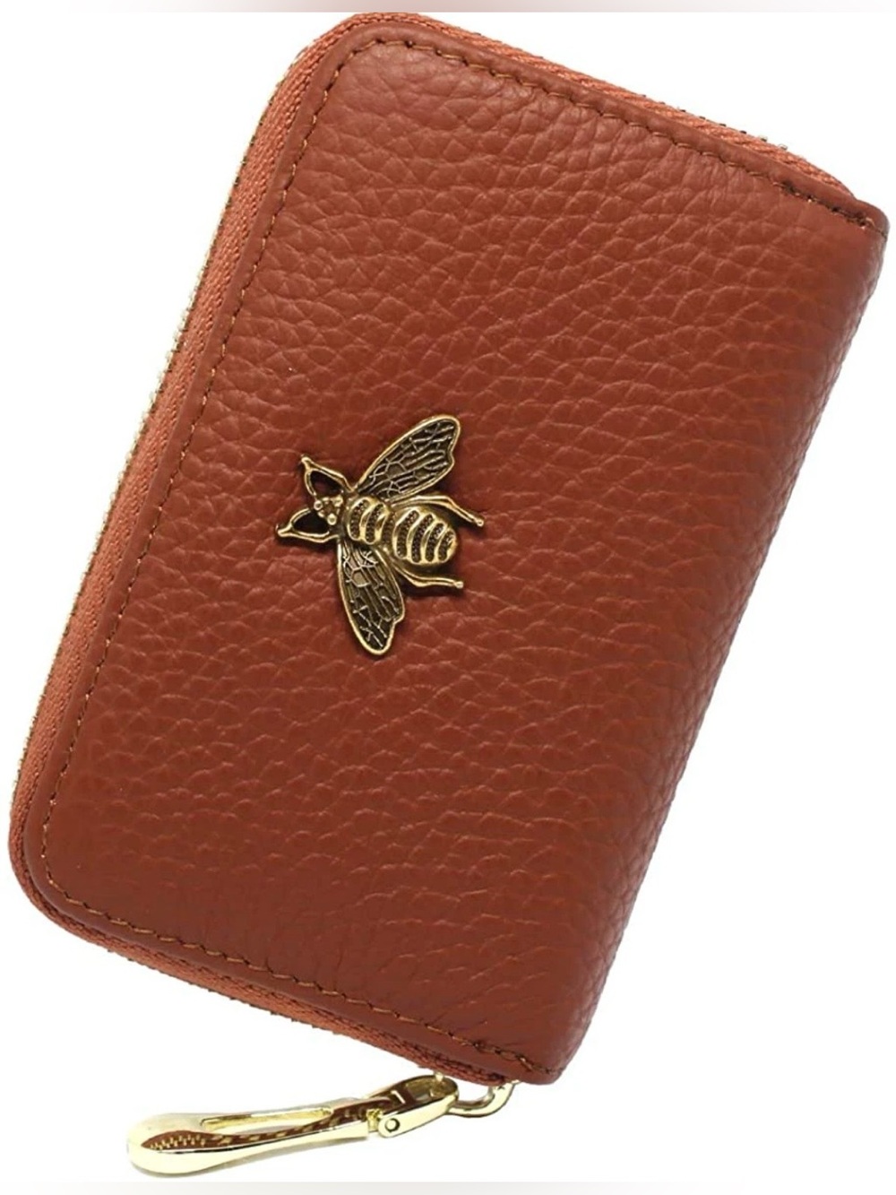 Card Holder Small Pleather Zipper Card Case Wallet Bee Tan colored